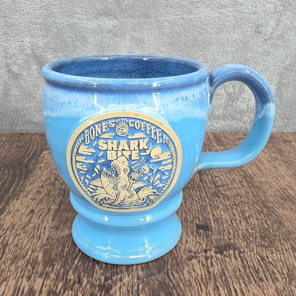 Bones Coffee Company Shark Bite Mug Blue Handmade USA Deneen Pottery 2021 Rare - Picture 4 of 11